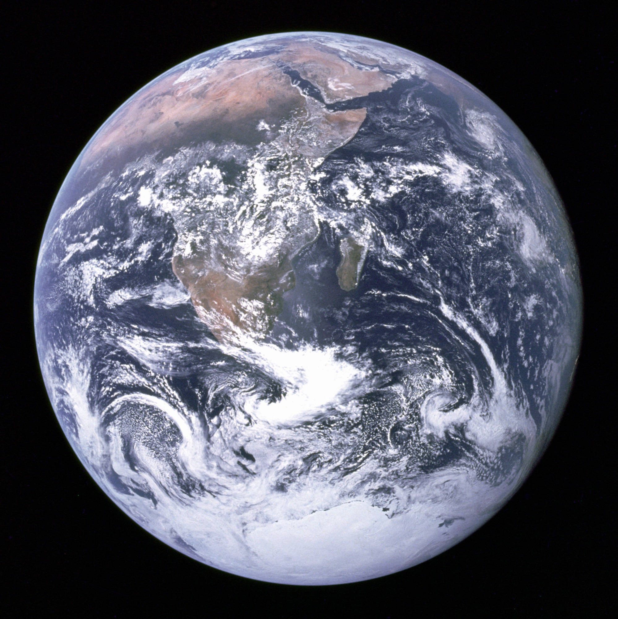 The Blue Marble: Earth photographed by Apollo 17, public-domain NASA imagery.