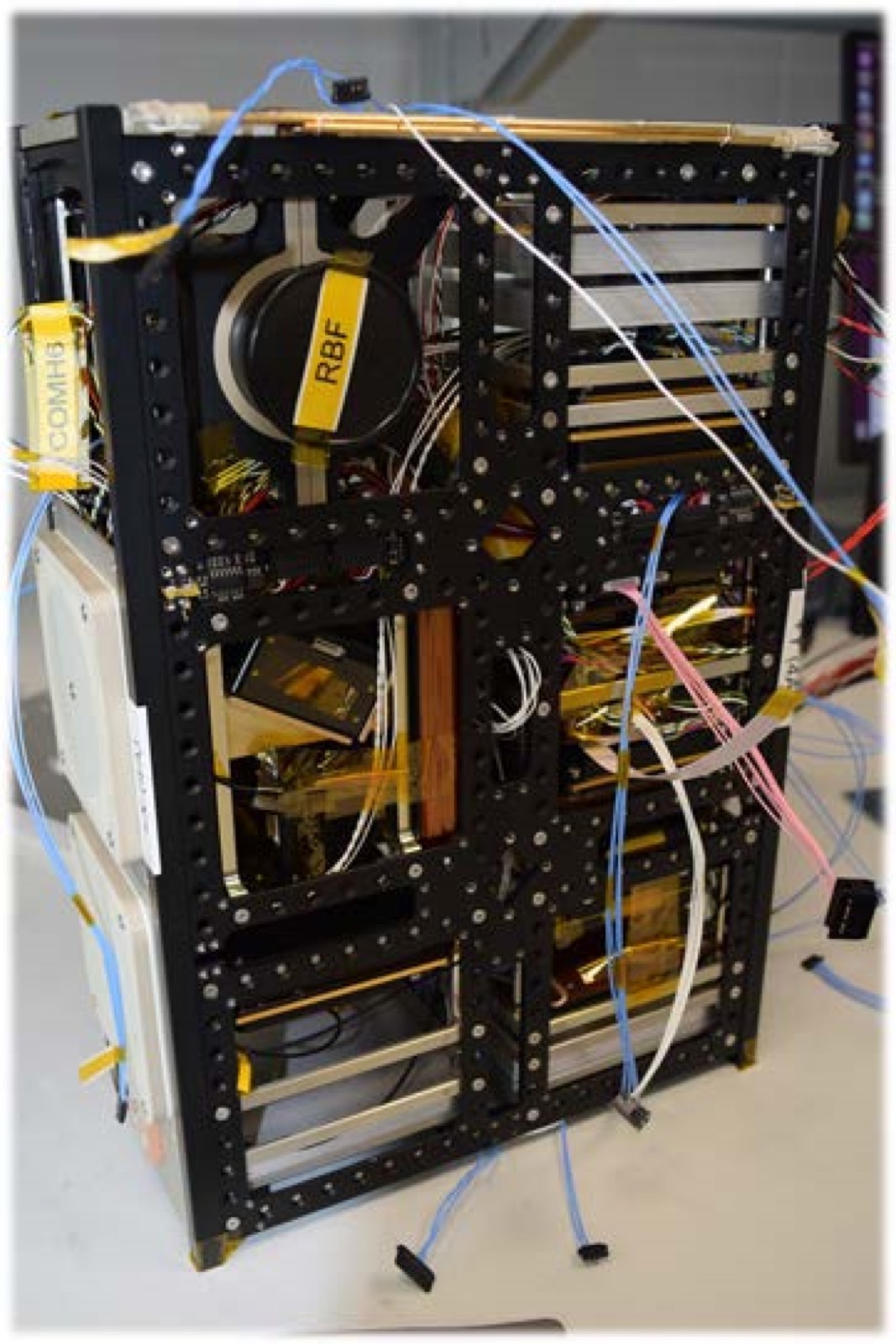 Close view of a GOMX-4 CubeSat solar array and structure.